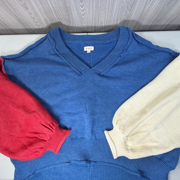 P.O.L. Color Block Exposed Seam Contrast V-Neck Lantern Sleeve Cotton Sweater L - Picture 4 of 8
